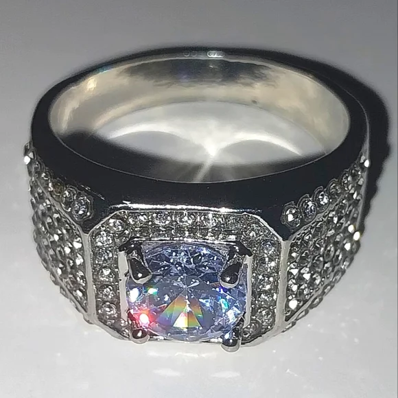 Silver Men's Intricate Diamond Ring with Halo Design Sz 12